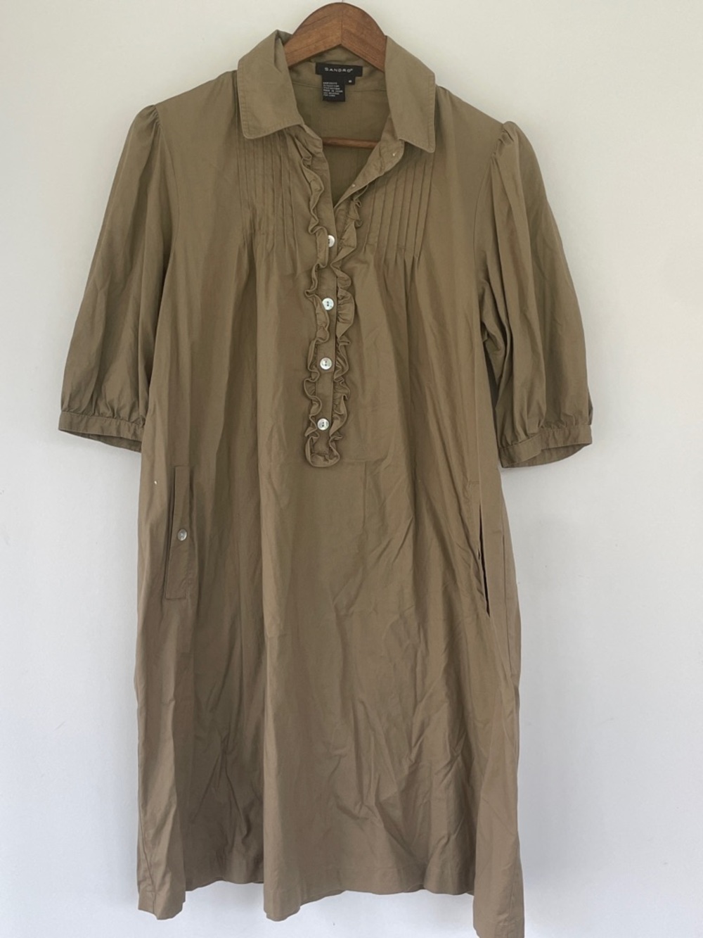 Sandro Women’s Midi Tan Ruffle-Placket Safari Dress size 8